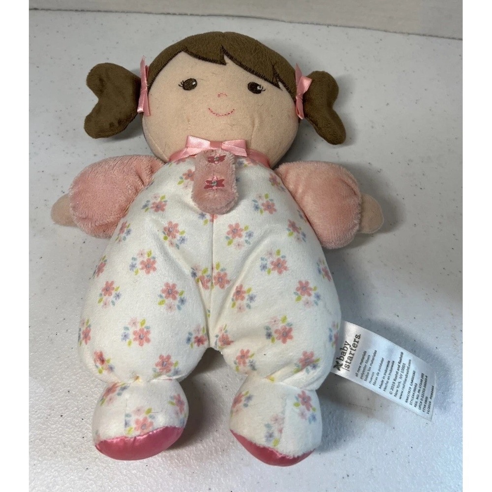 Baby Starters Olivia Rattle Doll Flower Floral Pink Plush Brown Hair Pigtails 9"